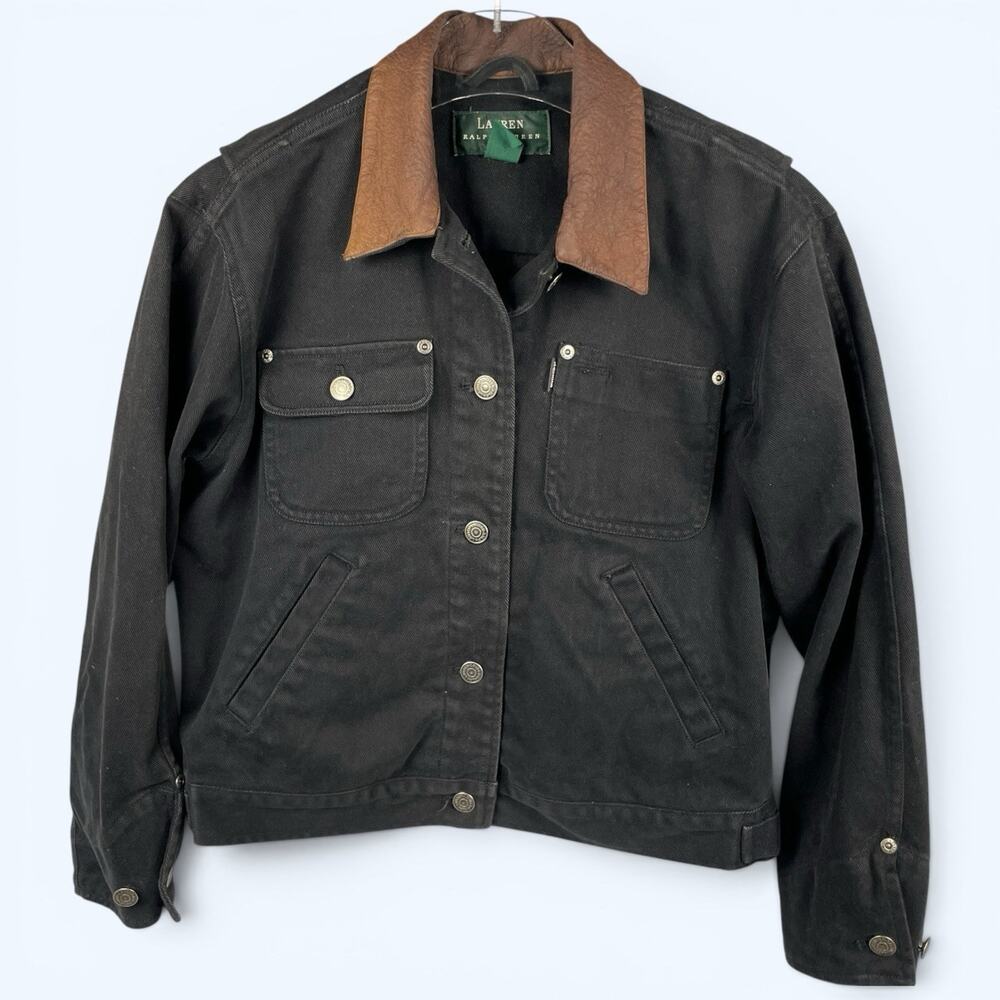 Lauren Ralph Lauren Cropped Black Denim Jacket with Leather Collar MD Petite - Picture 1 of 14
